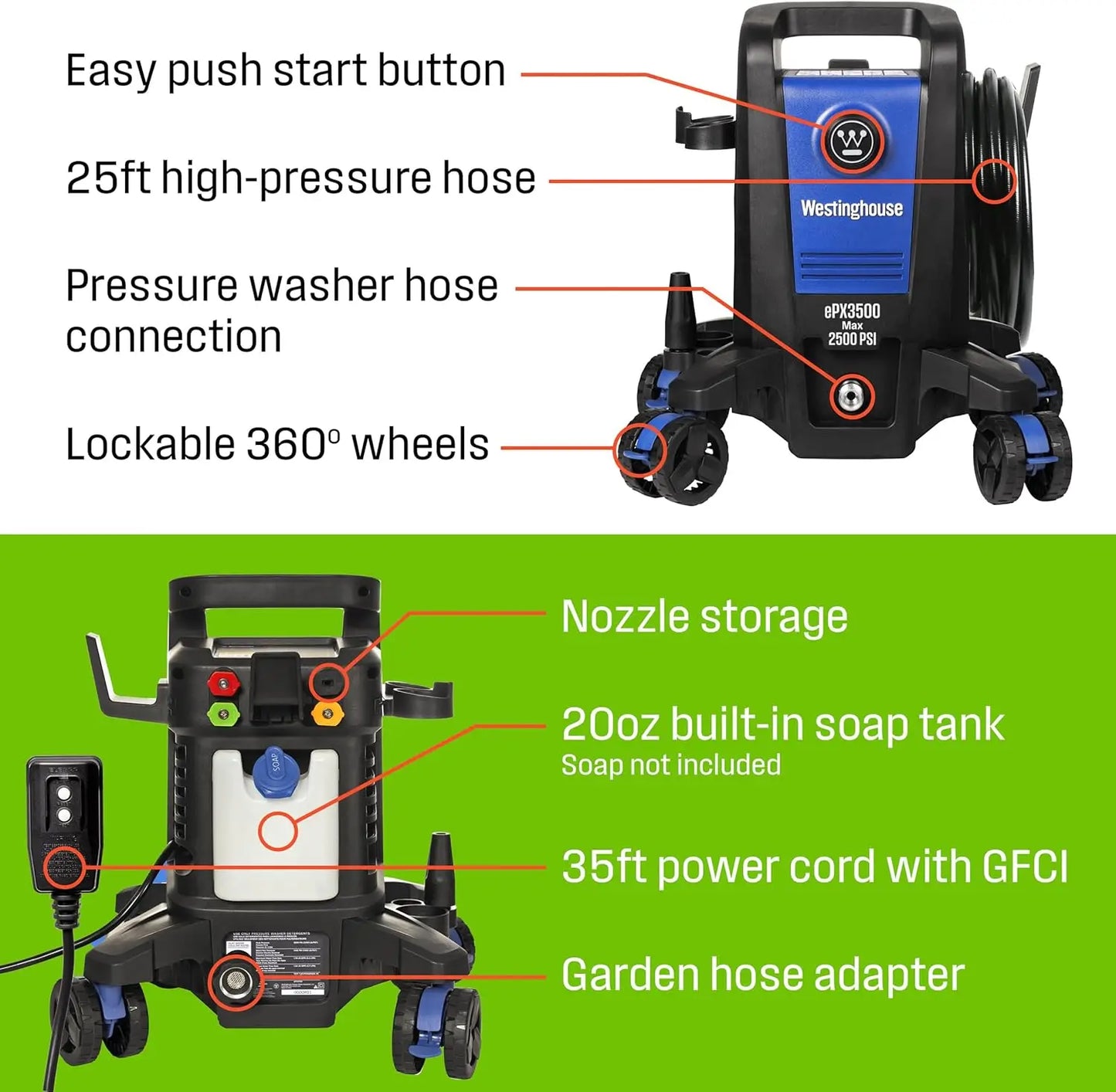EPX3500 Electric Pressure Washer 2500 PSI 1.76 GPM Anti Tipping