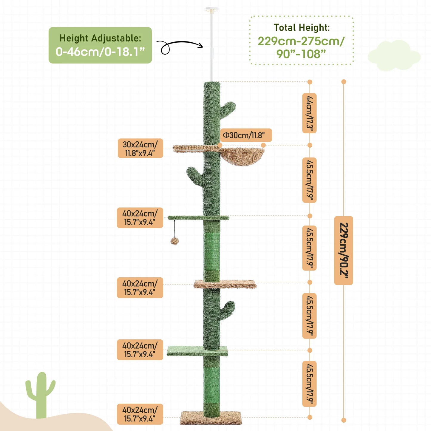 PAWZ Road Cat Tree 5-Tier Floor To Ceiling Cactus Climbing Tower Scratching Post