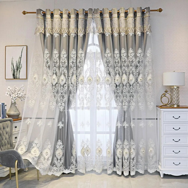 NONECN Luxury Vintage Embroidered Curtains Dual-Layer 3D Relief