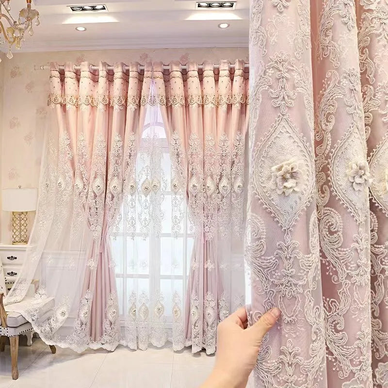 NONECN Luxury Vintage Embroidered Curtains Dual-Layer 3D Relief