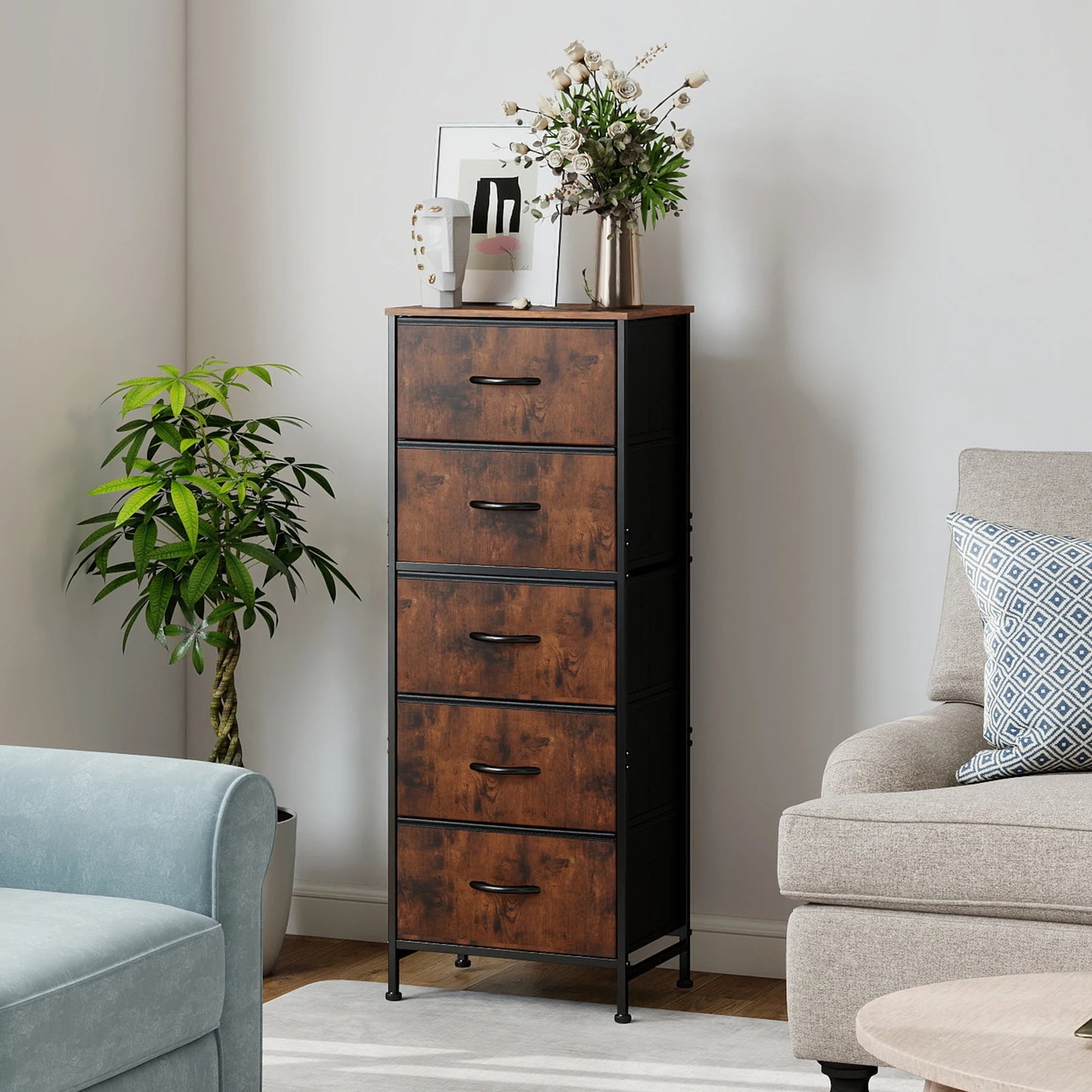 JHK Dresser With Five Fabric Drawers for Bedroom Storage Cabinet