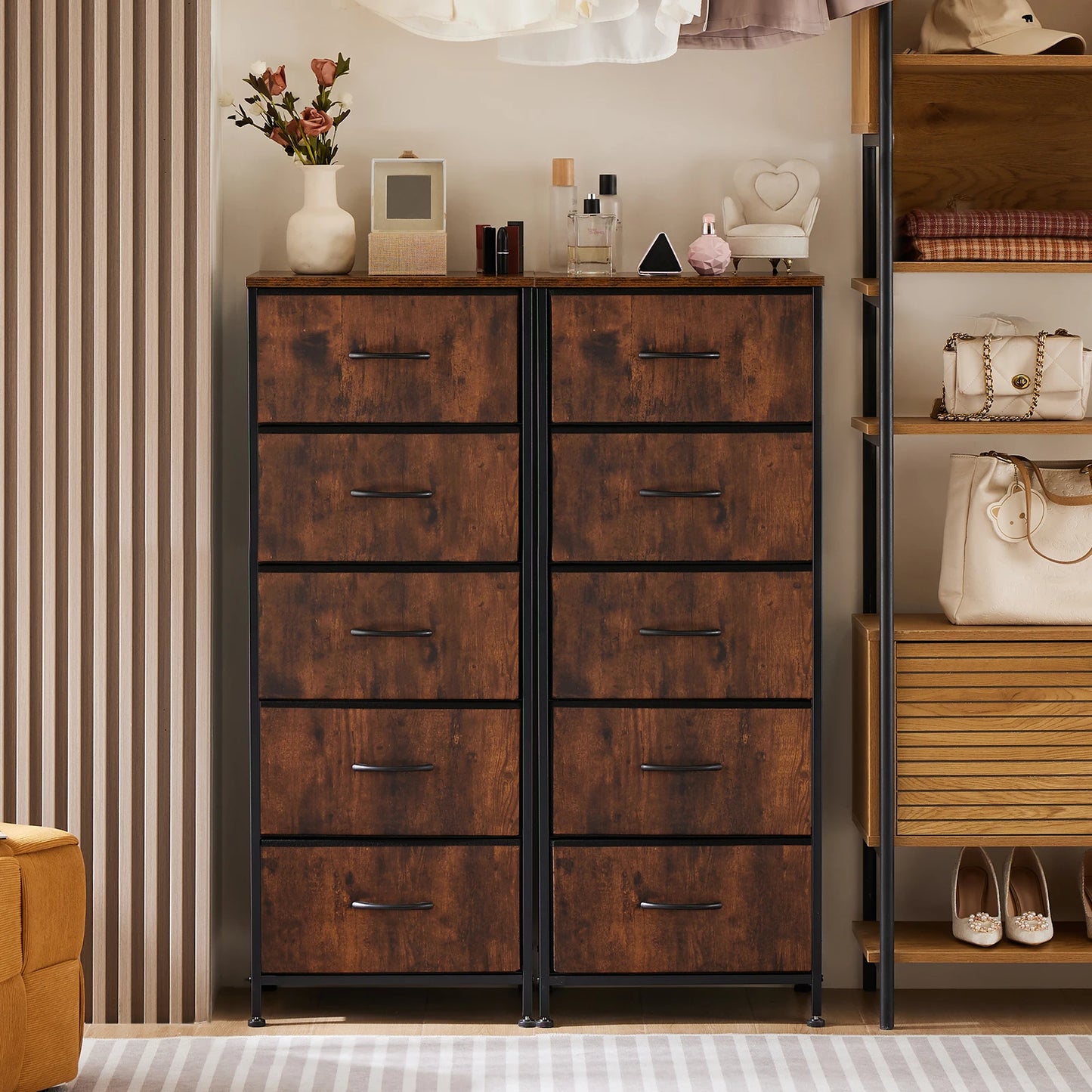 JHK Dresser With Five Fabric Drawers for Bedroom Storage Cabinet