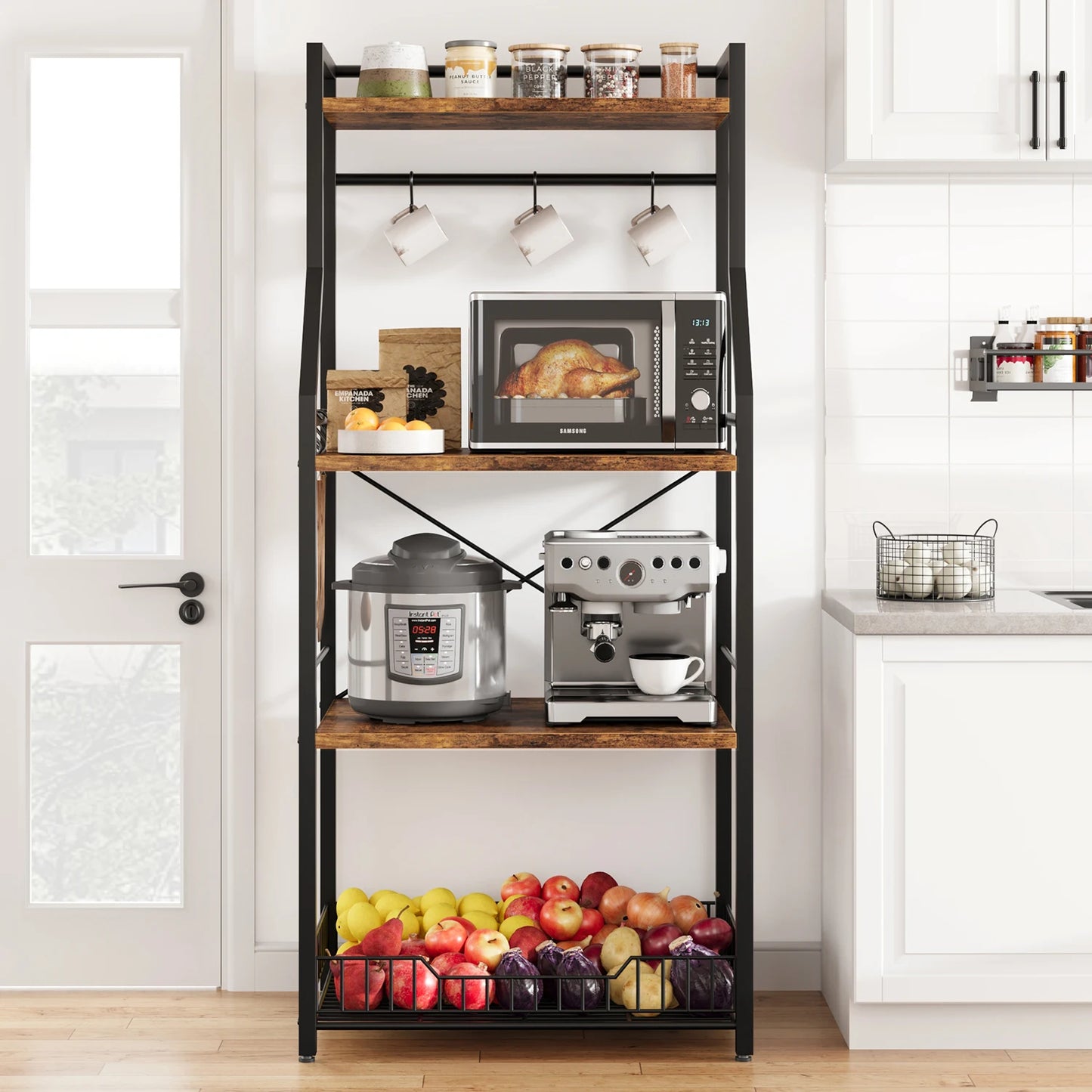 TWISTER.CK Kitchen Bakers Rack With Large Wire Basket 4 Tier