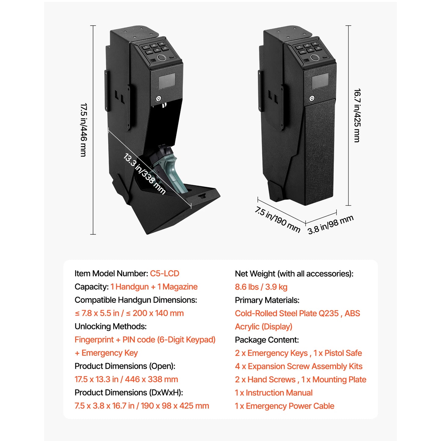 Gun Safe Slider 3 Way Quick Access Fingerprint Password Key