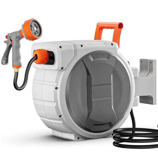 SucceBuy Retractable Garden Hose Reel Wall Mounted 9 Pattern Nozzle