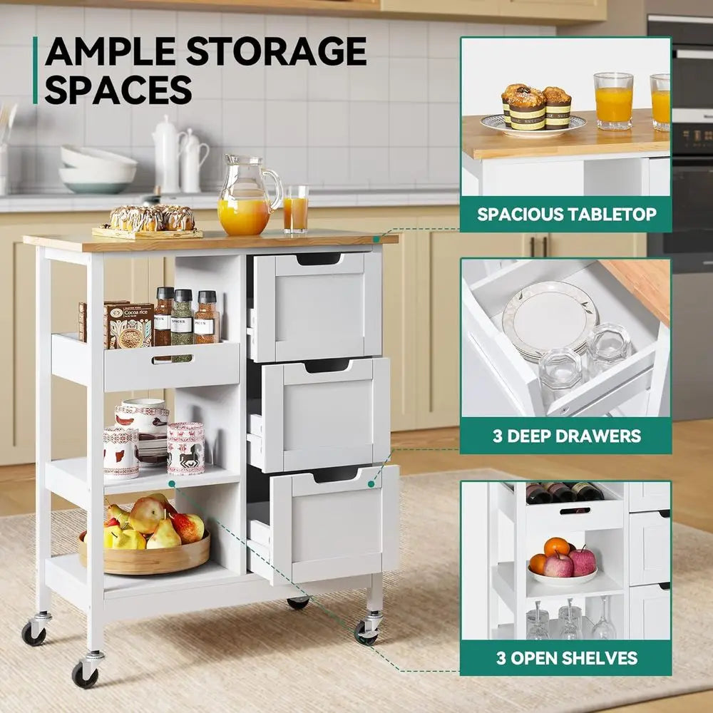 Portable Oak Wood Kitchen Island Cart With Wheels And Drawers
