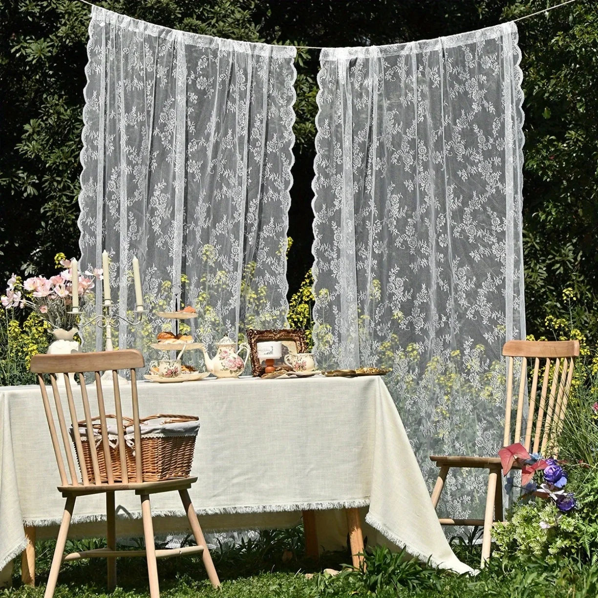 NONECN Elegant Curtains With Wave Lace Trim