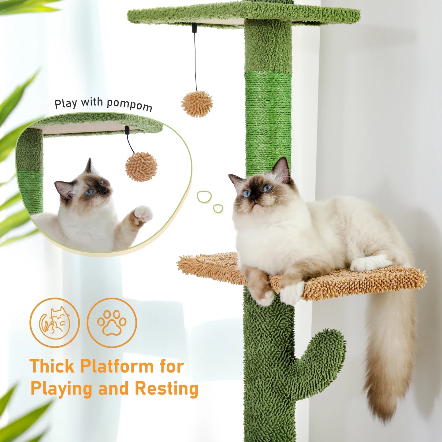 PAWZ Road Cat Tree 5-Tier Floor To Ceiling Cactus Climbing Tower Scratching Post