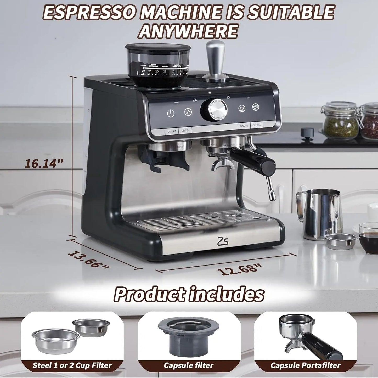 Acekool Espresso Machine With Grinder Milk Frother Steam Wand 20 Bar