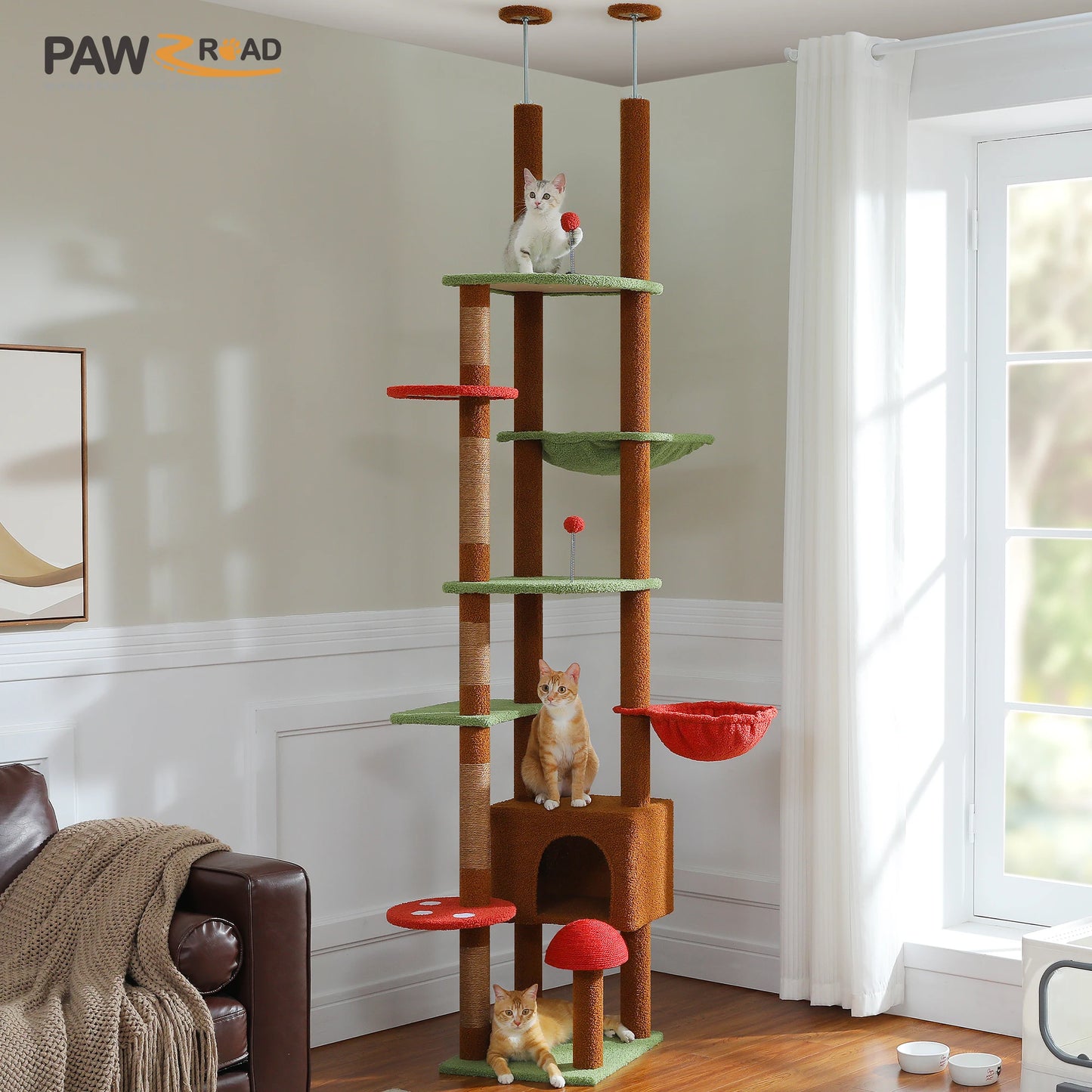 PAWZ Road Height Adjustable Wooden Cat Tree With Hammock Scratching Posts