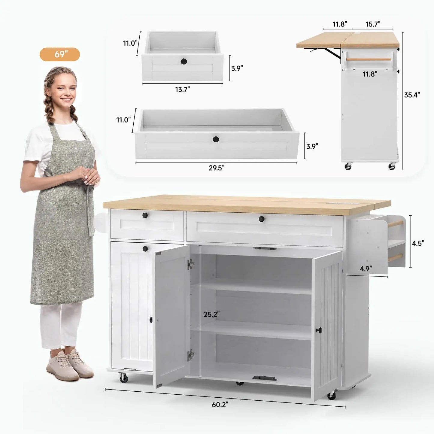 ONBRILL Mobile Kitchen Island Power Outlet Spice Rack Towel Rack