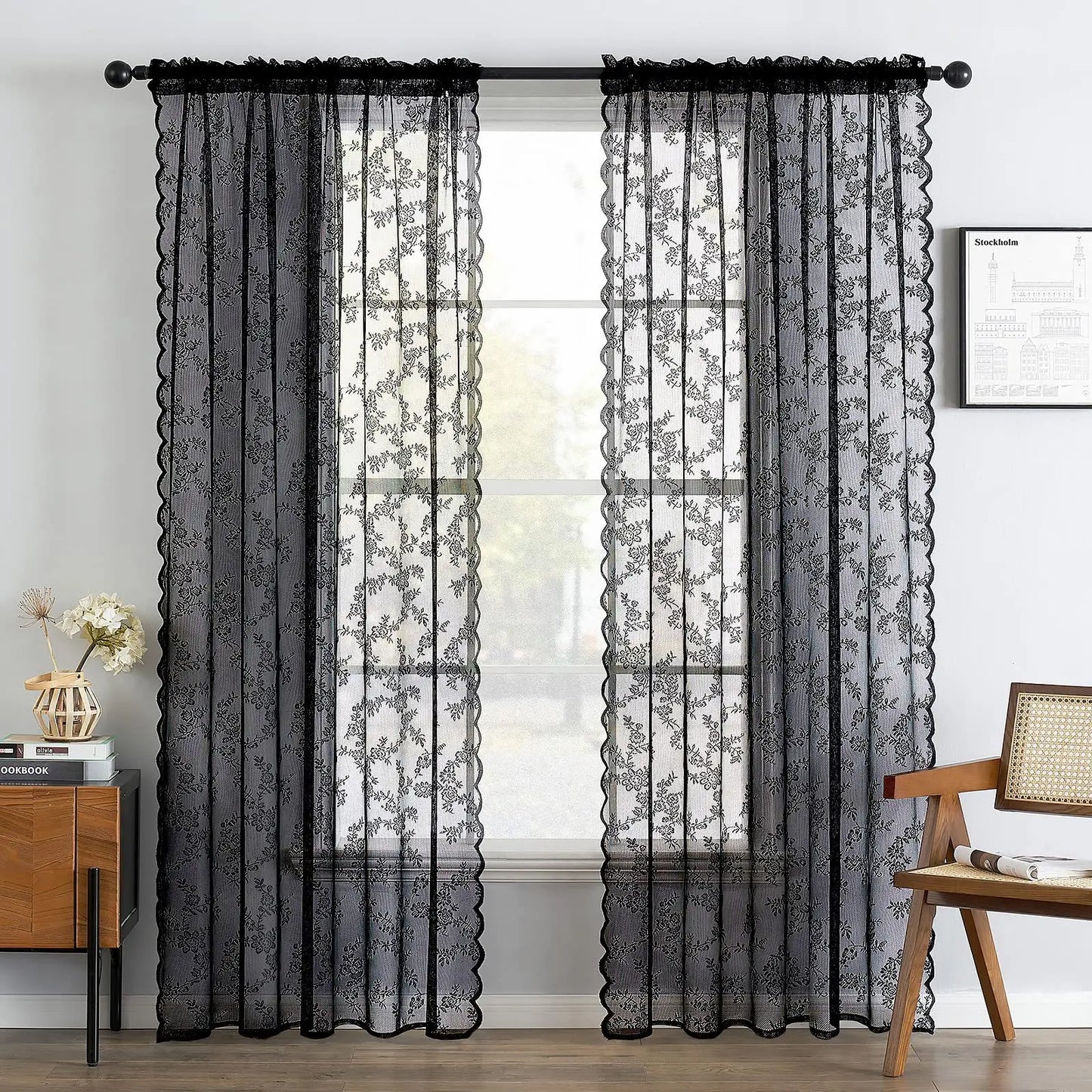NONECN Two Piece Curtains With Wave Lace Trim