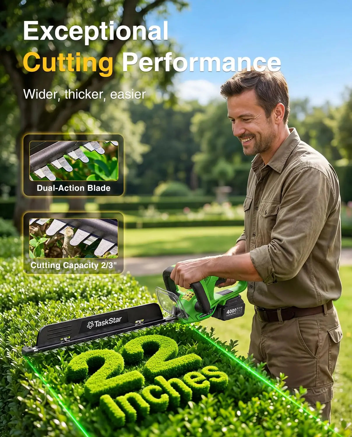TaskStar Cordless Hedge Trimmer With Rotatable Handle And Dual Batteries