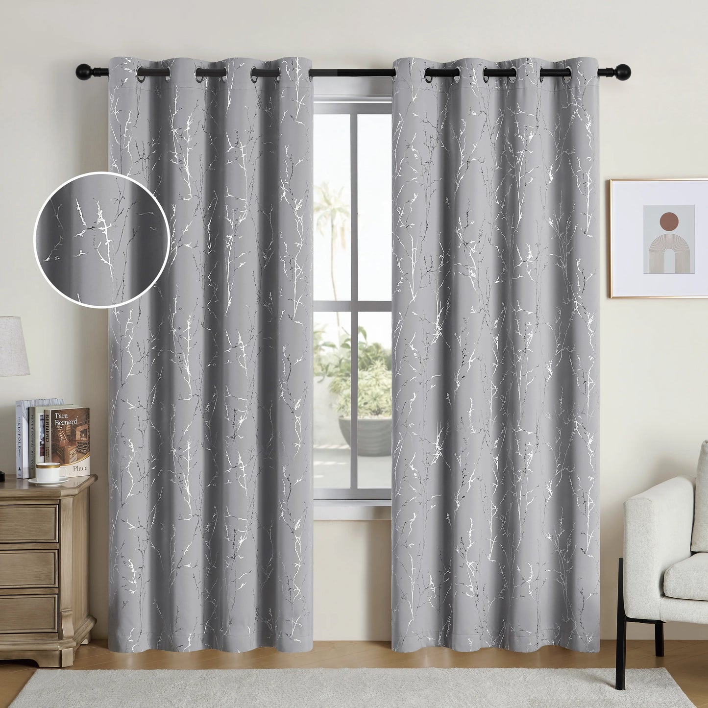 NONECN Pack Of 2 Blackout Curtains Grommet Thermal Room Darkening Tree Print