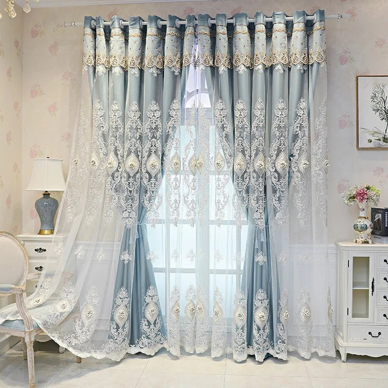NONECN Vintage Style Embroidered Curtains Dual Layer 3D Relief