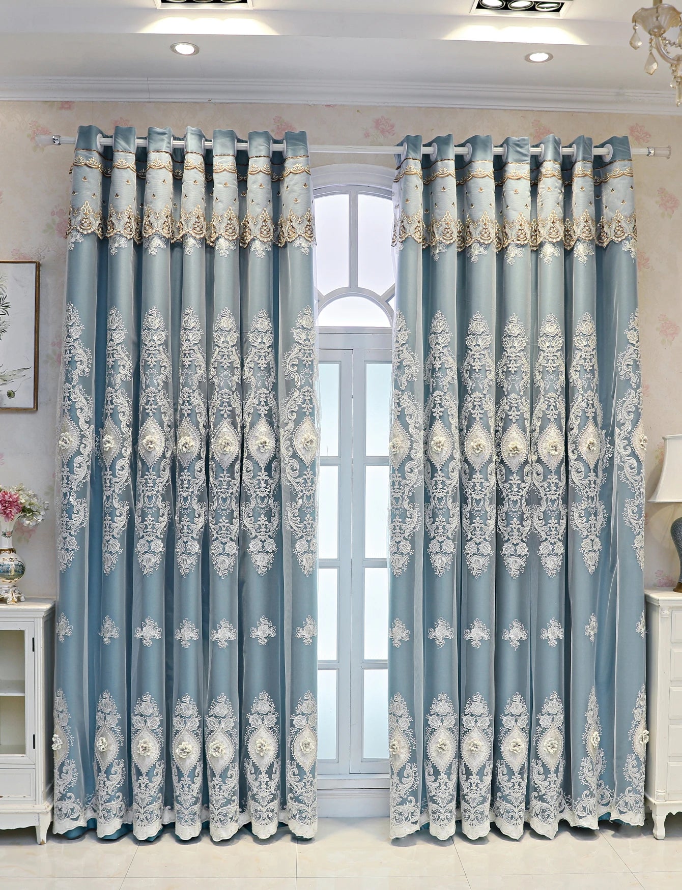 NONECN Luxury Vintage Embroidered Curtains Dual-Layer 3D Relief