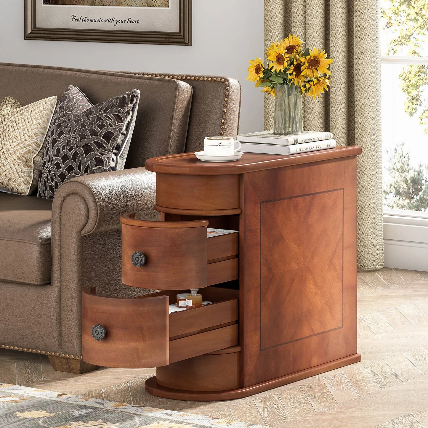 Tribesigns Round Wood End Table With Drawer Bedside Nightstand