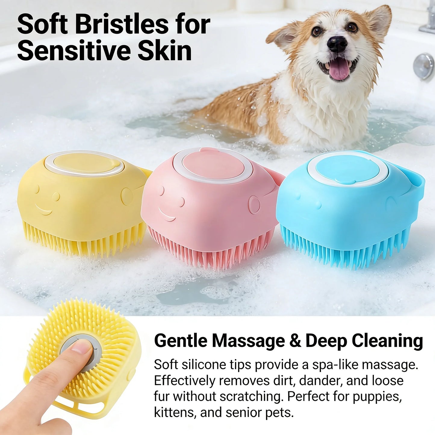 2 In 1 Pet Bath And Massage Brush With Silicone Shampoo Storage For Dogs Cats
