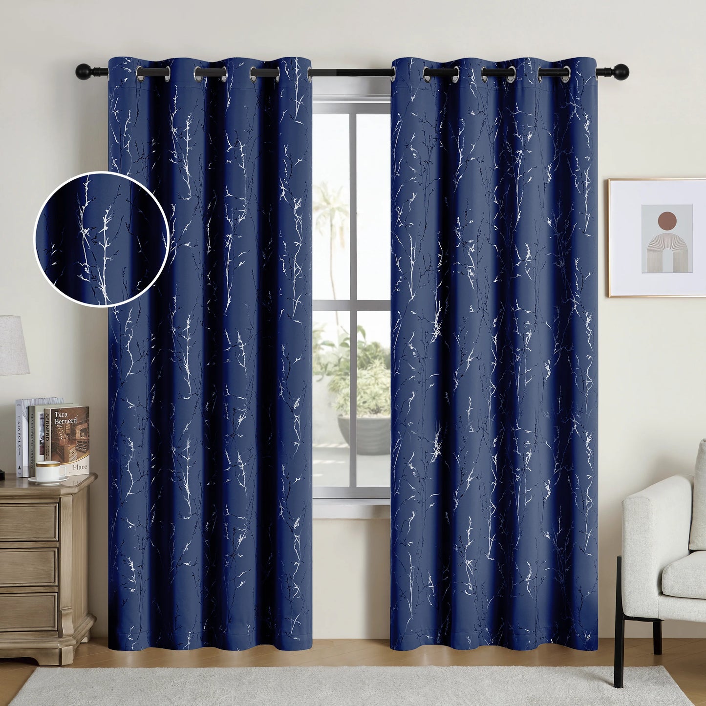 NONECN Pack Of 2 Blackout Curtains Grommet Thermal Room Darkening Tree Print