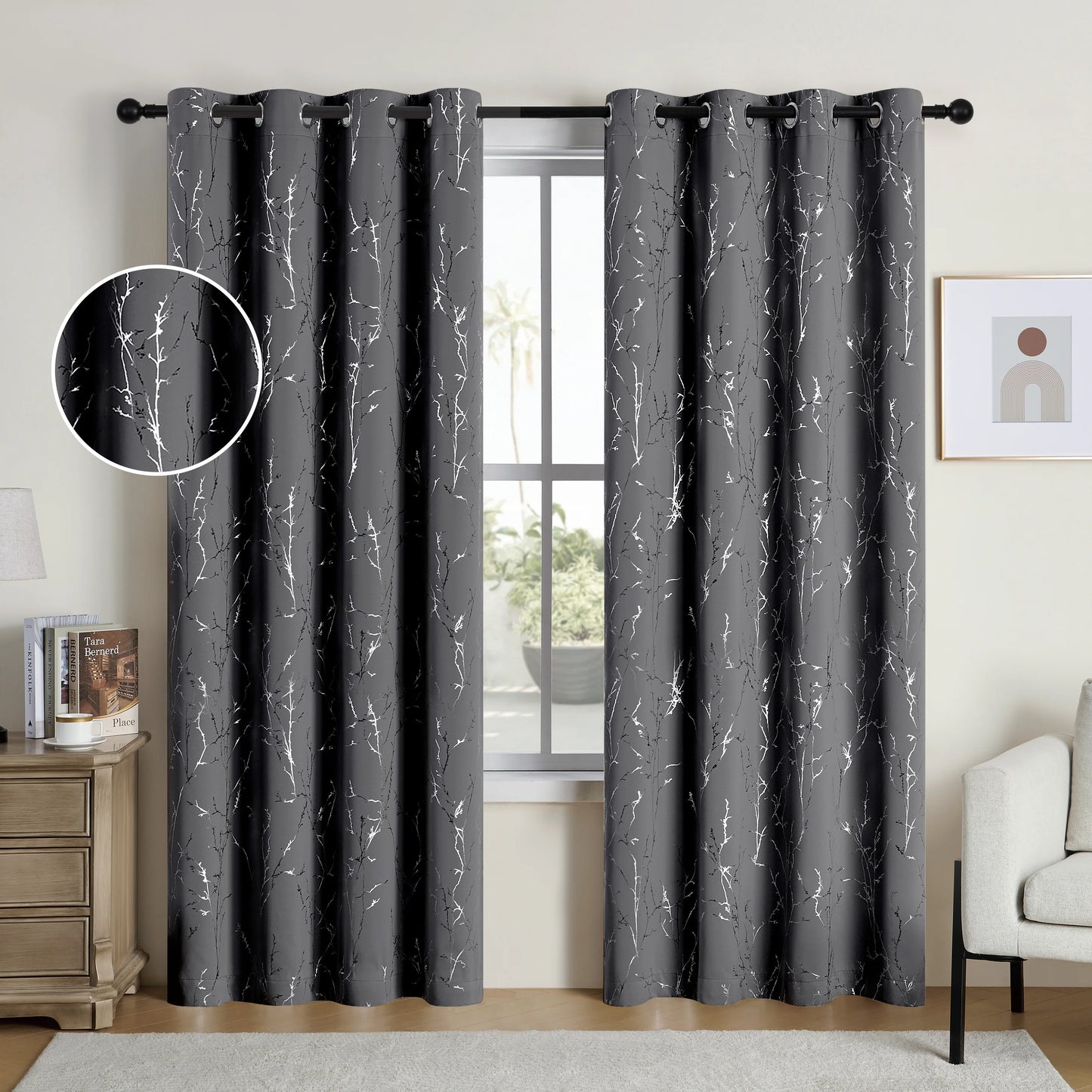 NONECN Pack Of 2 Blackout Curtains Grommet Thermal Room Darkening Tree Print
