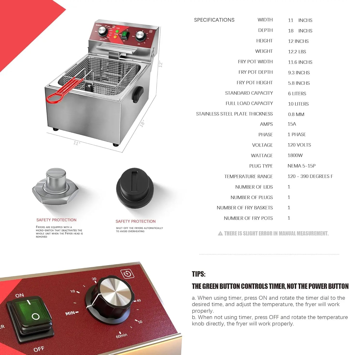 Electric Deep Fryer 1800W With Timer Basket Home Use