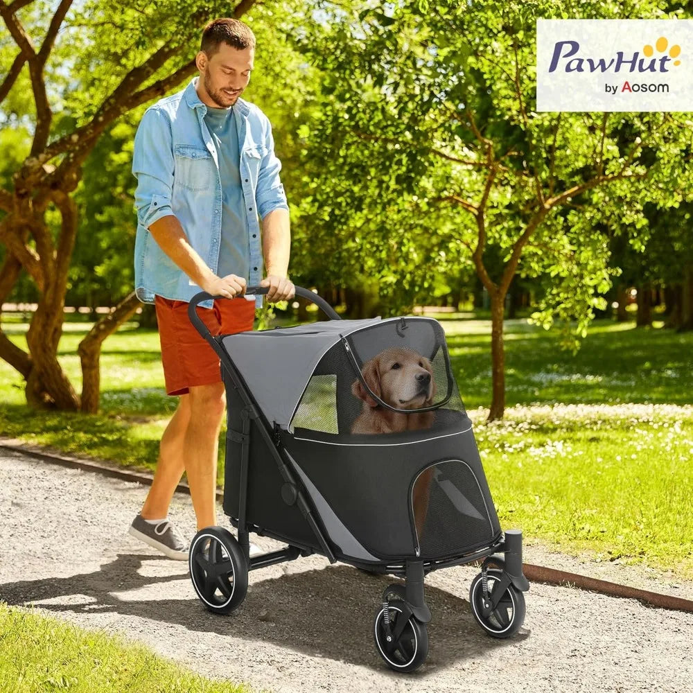 Foldable Pet Stroller for Dogs 66 Lbs Shock Absorbing Wheels