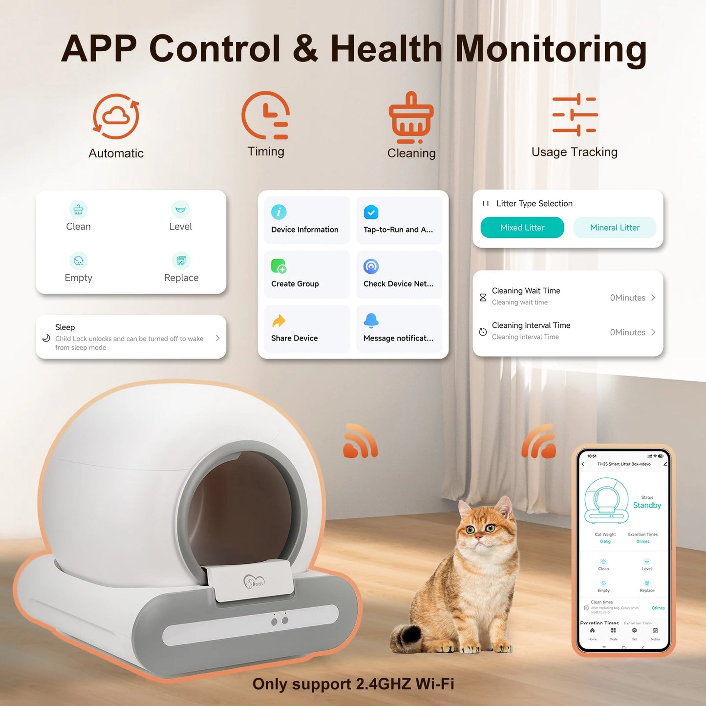 DOEL Self Cleaning Cat Litter Box With App Control 2.4G WiFi