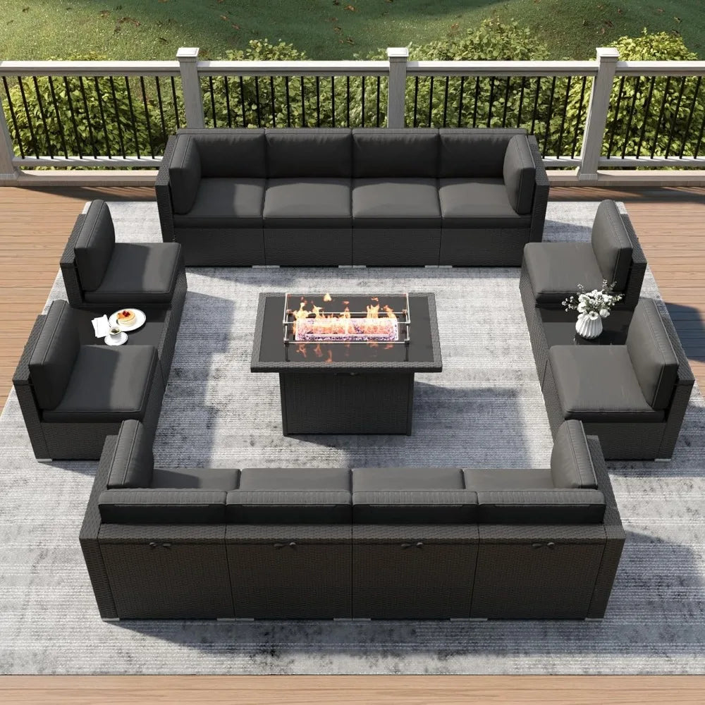15 Piece Patio Furniture Set With Fire Pit Table Wicker