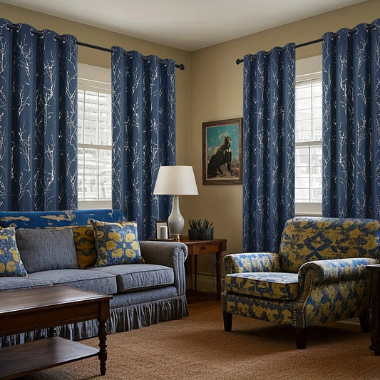 NONECN Pack Of 2 Blackout Curtains Grommet Thermal Room Darkening Tree Print