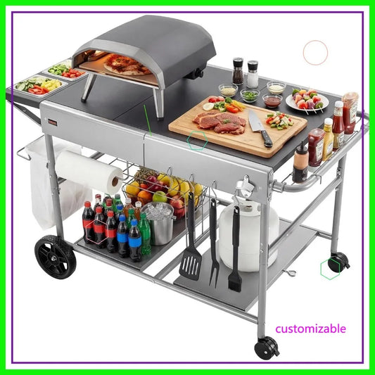 Outdoor Grill Cart With Wheels Movable BBQ Prep Table