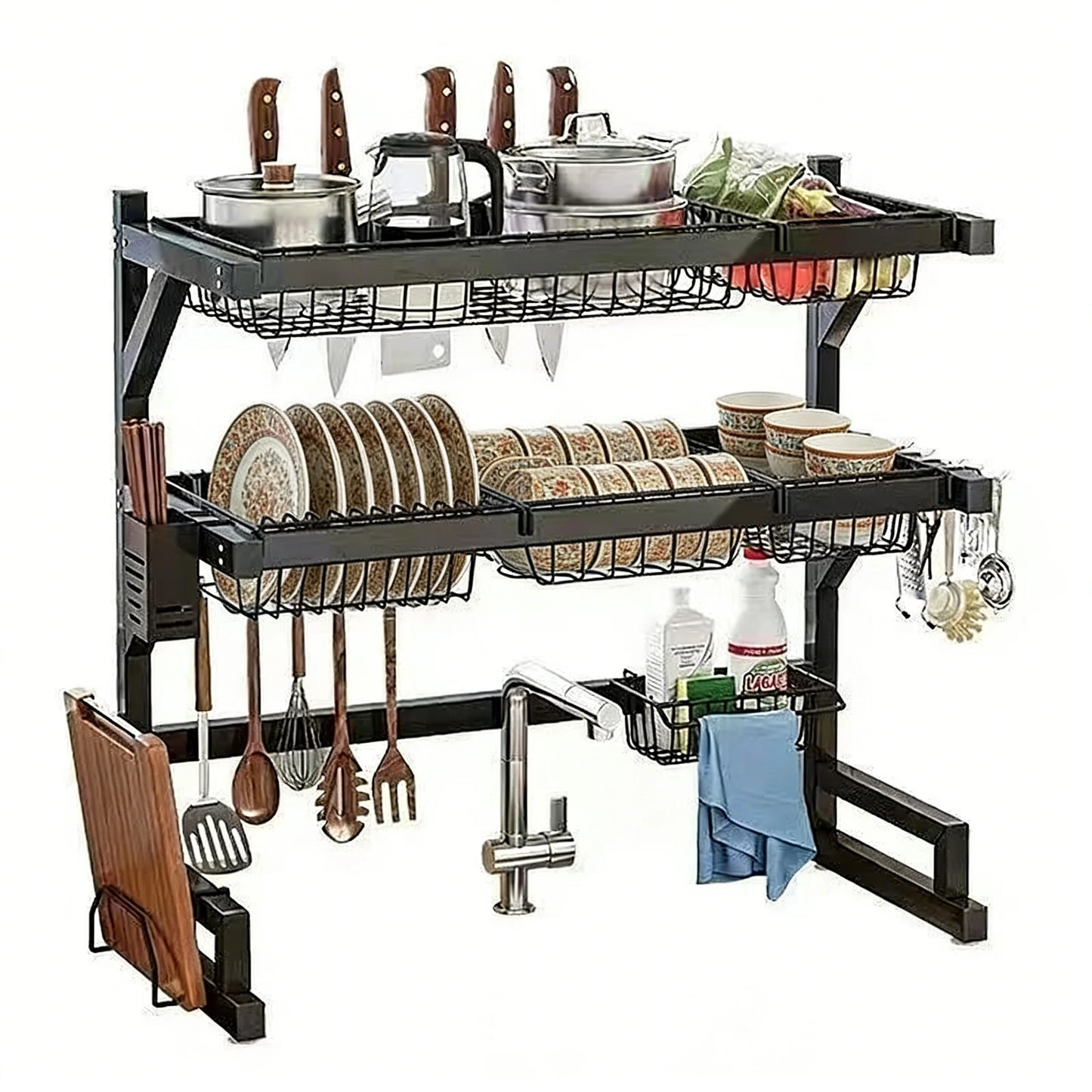 Over Sink Dish Drying Rack With Adjustable Shelves And Utensil Holder