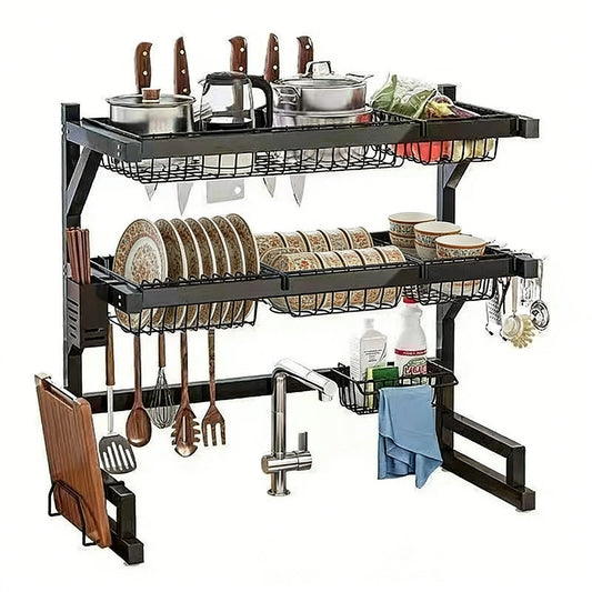 Over Sink Dish Drying Rack With Adjustable Shelves And Utensil Holder