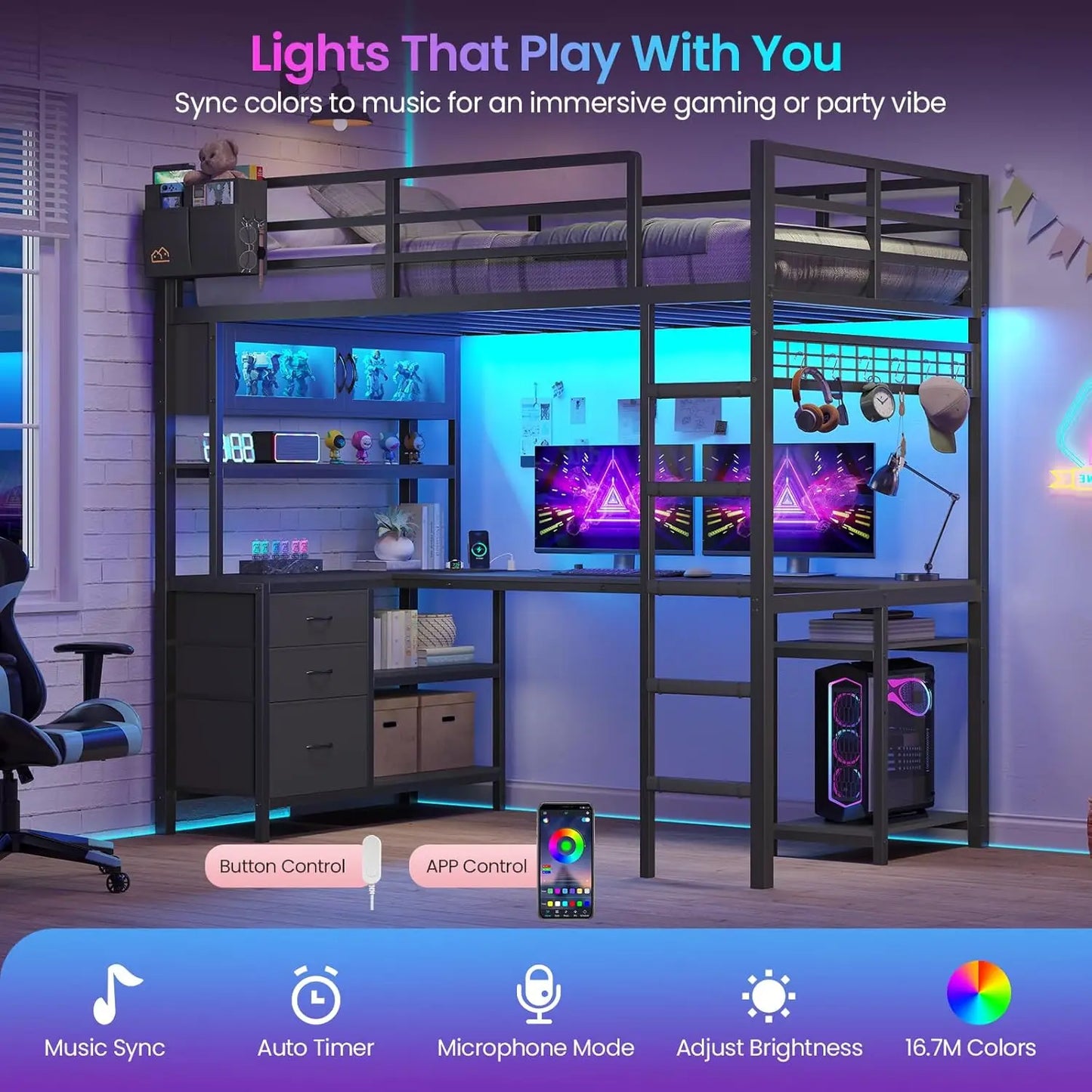Metal Loft Bed With Gaming Desk Storage LED Guardrail Ladder