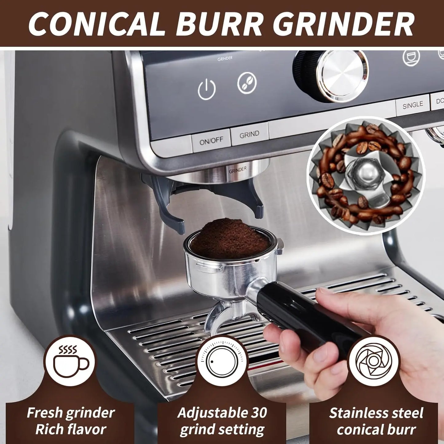 Acekool Espresso Machine With Grinder Milk Frother Steam Wand 20 Bar