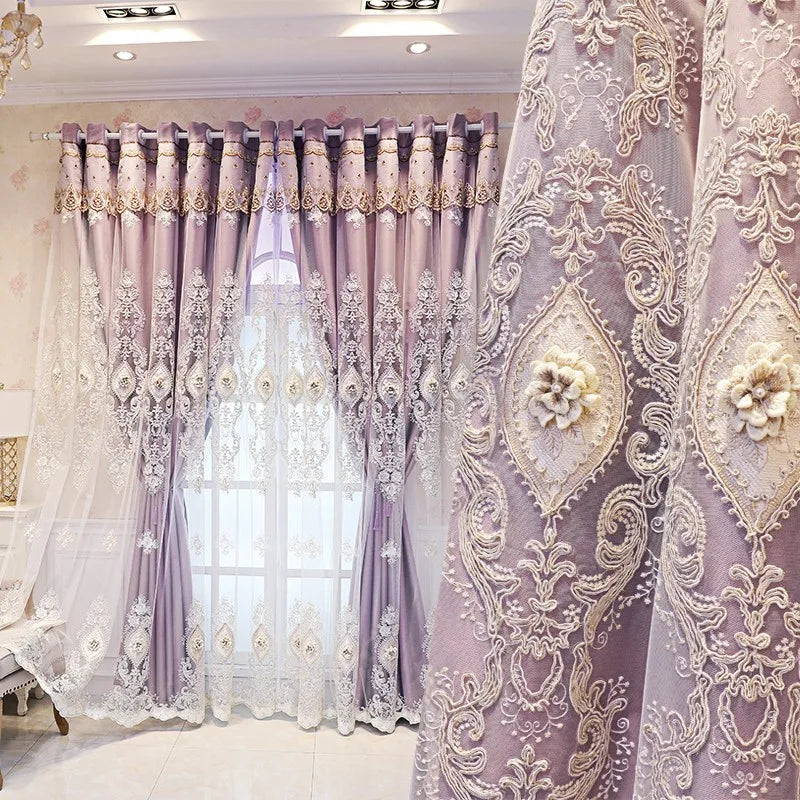 NONECN Vintage Style Embroidered Curtains Dual Layer 3D Relief