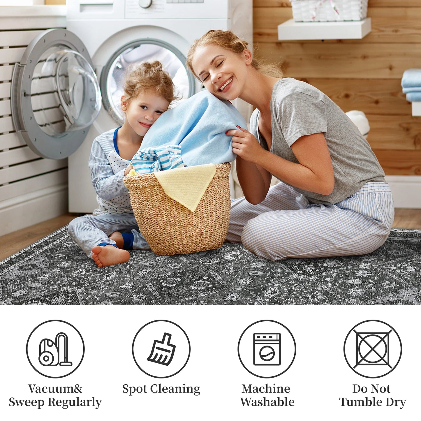 NONECN Moroccan Trellis Low Pile Rug Machine Washable Non Slip