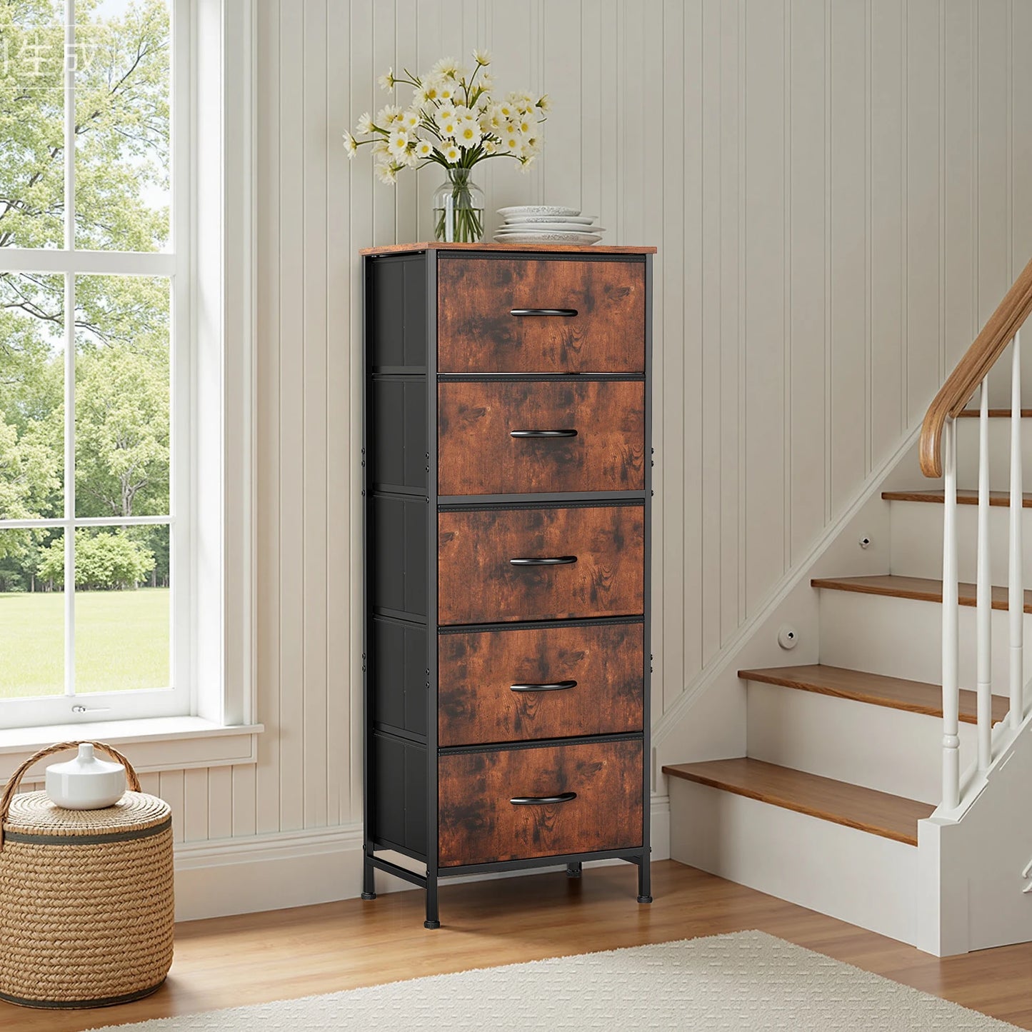 JHK Dresser With 5 Fabric Drawers Bedroom Storage Cabinet