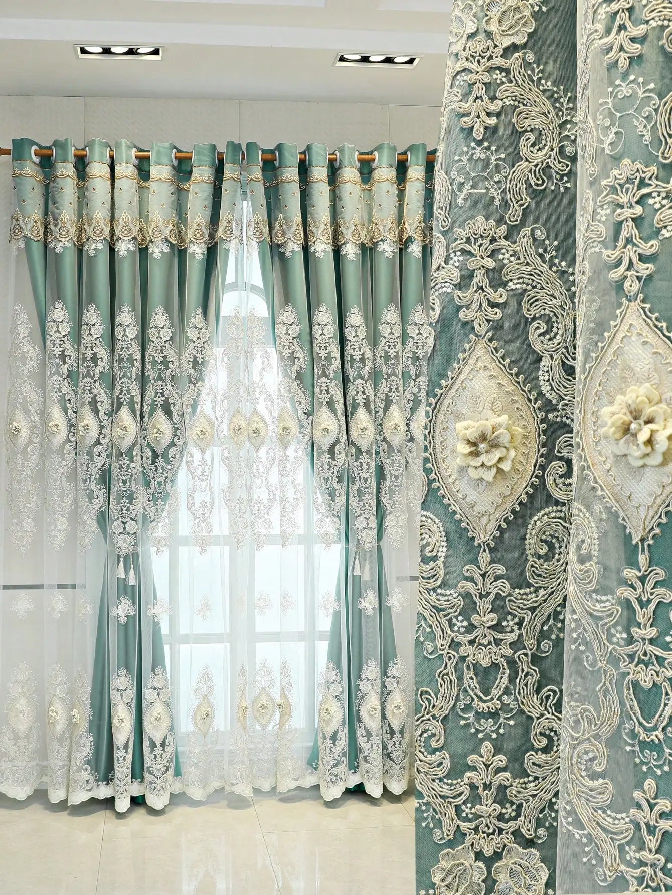 NONECN Luxury Vintage Embroidered Curtains Dual-Layer 3D Relief