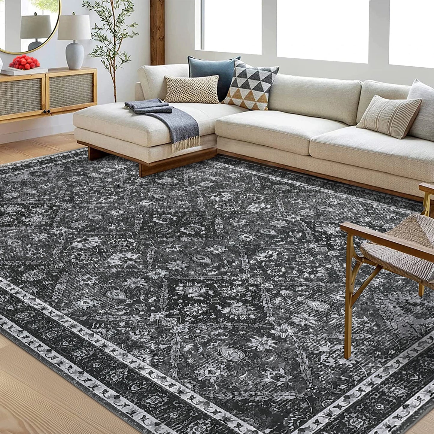 NONECN Moroccan Trellis Low Pile Rug Machine Washable Non Slip