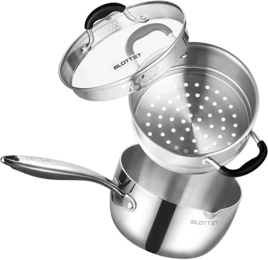 Stainless Steel Sauce Pan With Steamer And Glass Lid