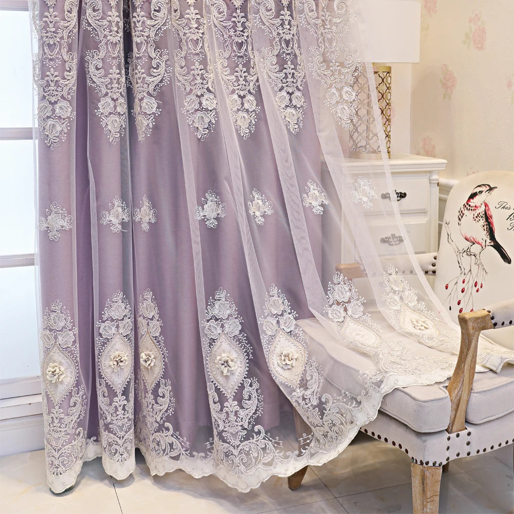 NONECN Luxury Vintage Embroidered Curtains Dual-Layer 3D Relief