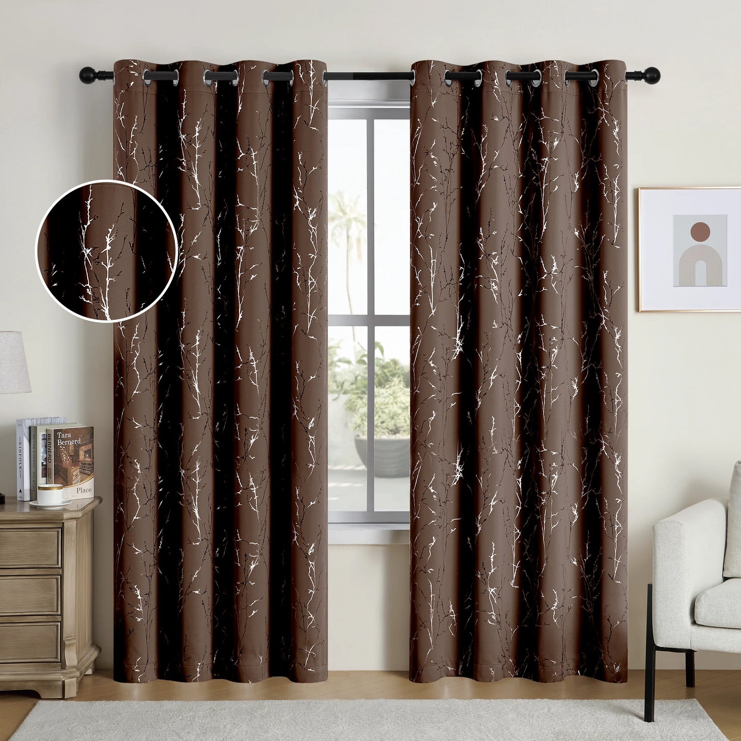 NONECN Pack Of 2 Blackout Curtains Grommet Thermal Room Darkening Tree Print