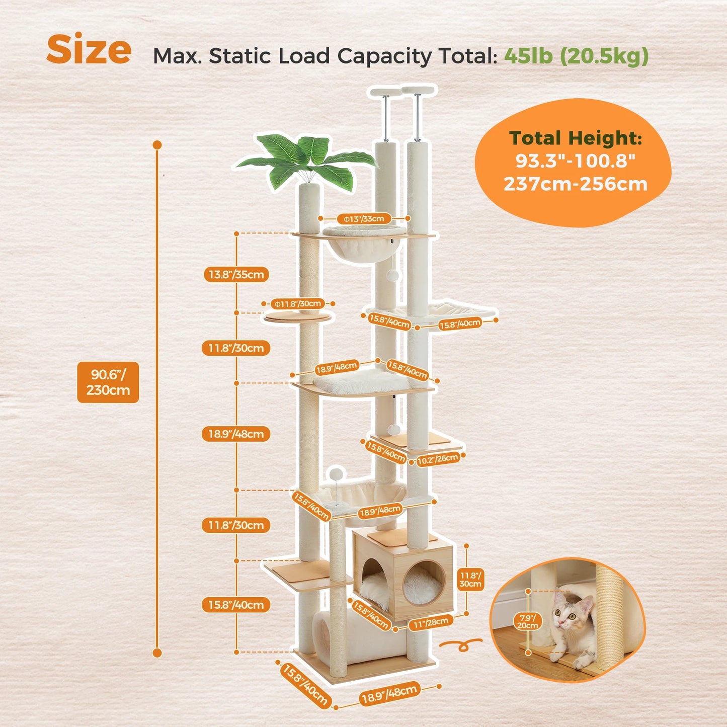 PAWZ Road Height Adjustable Wooden Cat Tree With Hammock Scratching Posts