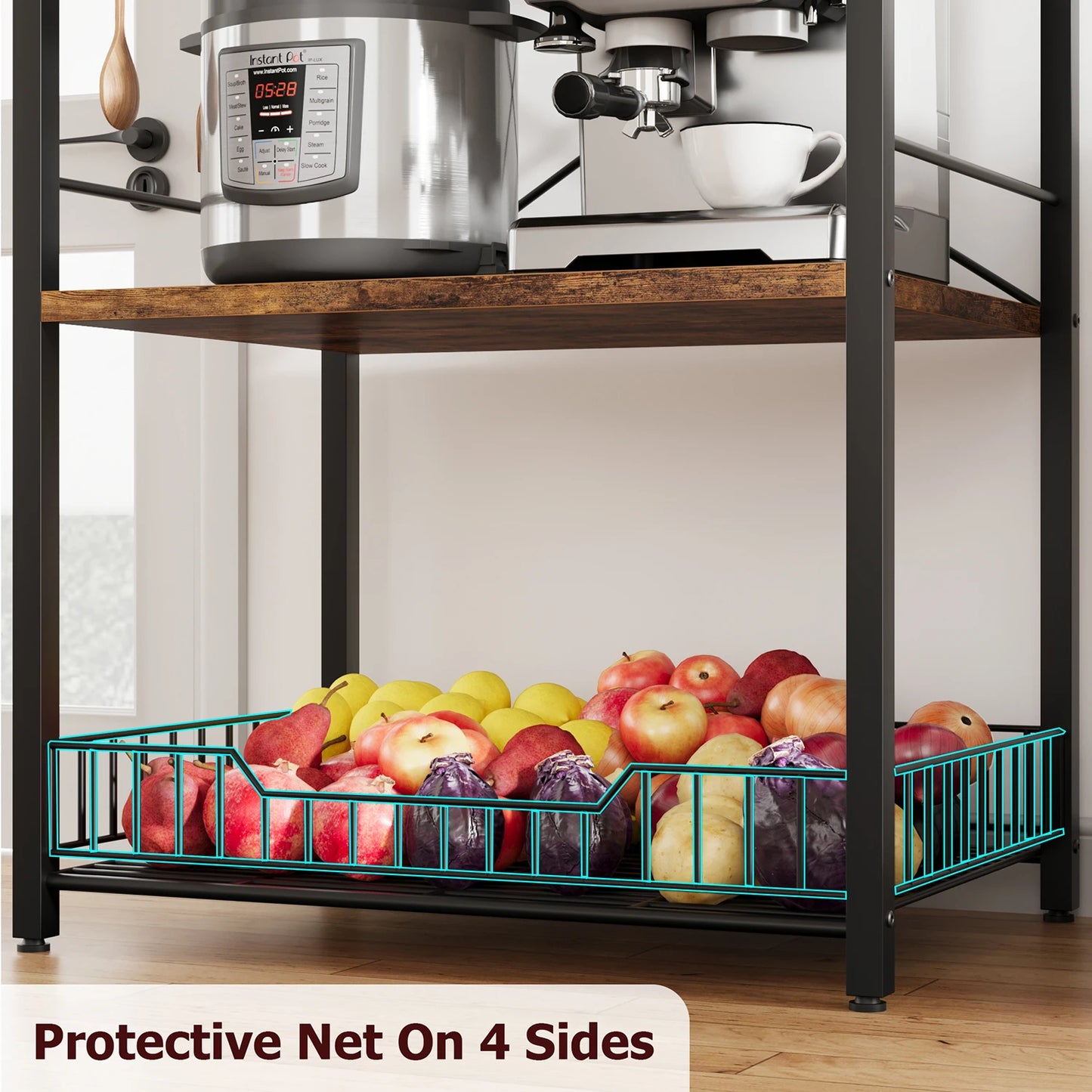 TWISTER.CK Kitchen Bakers Rack With Large Wire Basket 4 Tier