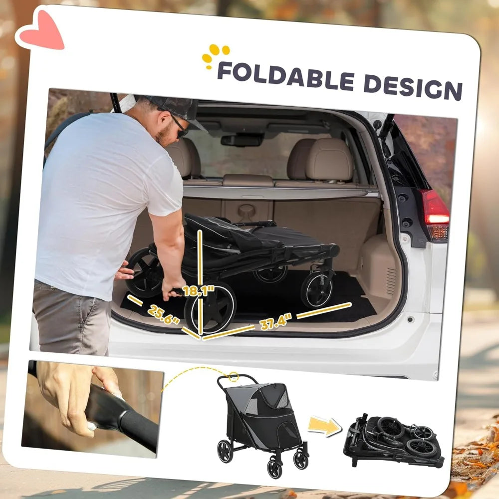 Foldable Pet Stroller for Dogs 66 Lbs Shock Absorbing Wheels
