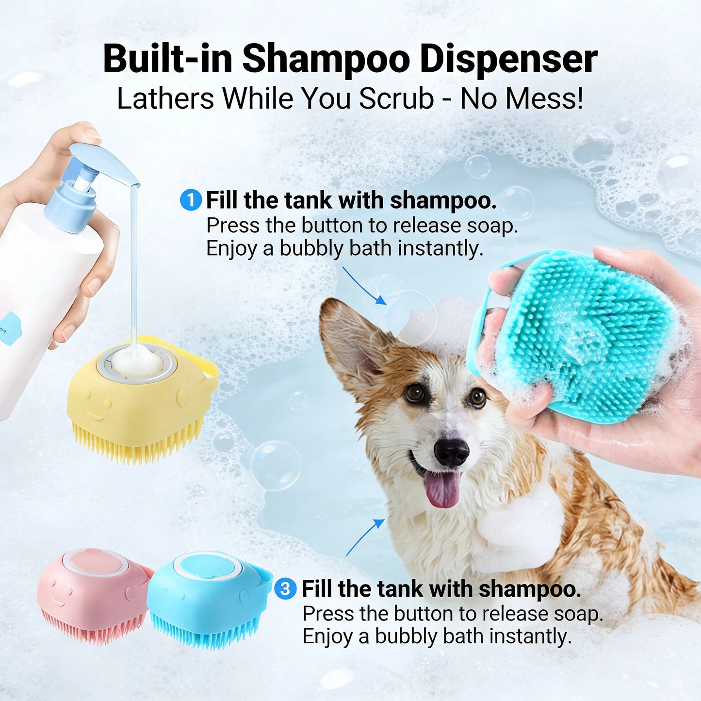 2 In 1 Pet Bath And Massage Brush With Silicone Shampoo Storage For Dogs Cats