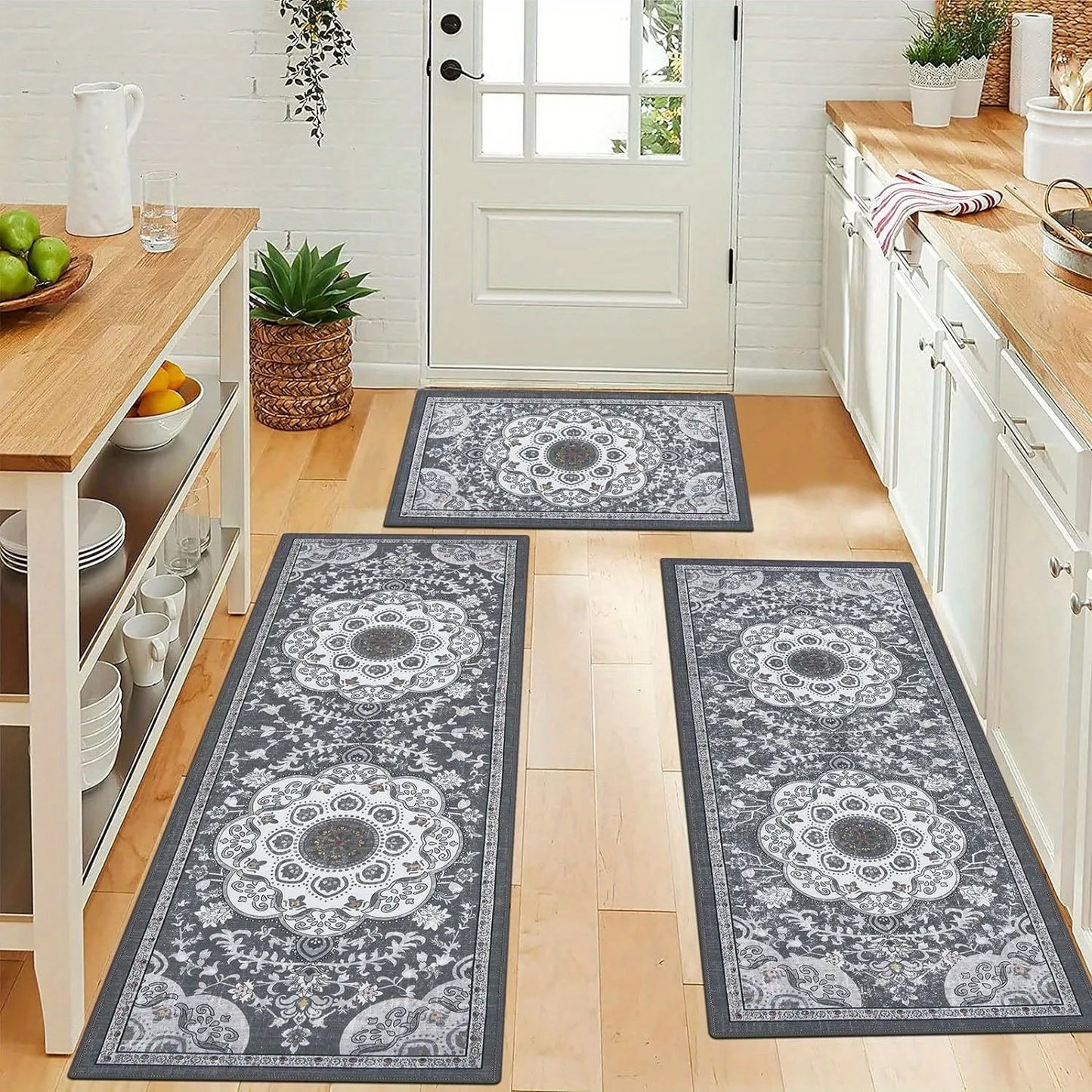 Bohemian Style Kitchen Floor Mat Set Non Slip Washable Rugs